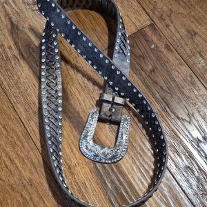 Genuine Leather Western-Style Belt with Ornate Buckle - Brown